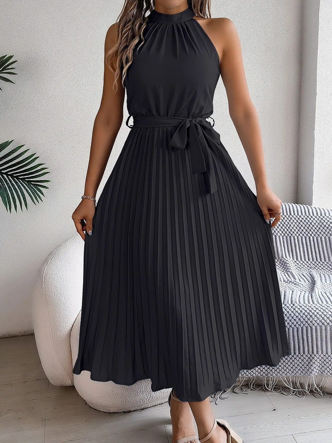 Diana™ | Halter Neck Sleeveless Pleated Midi Dress