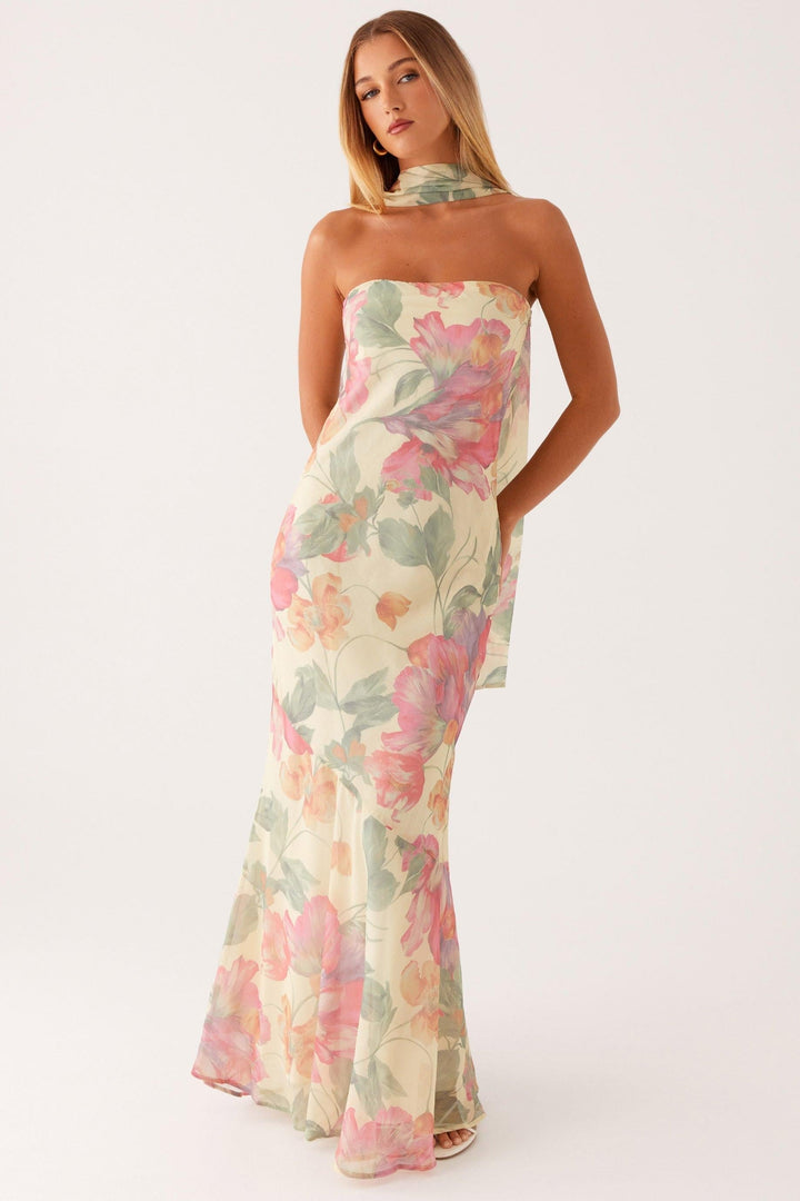 Antonia™ | Long Strapless Chiffon Dress With Floral Print