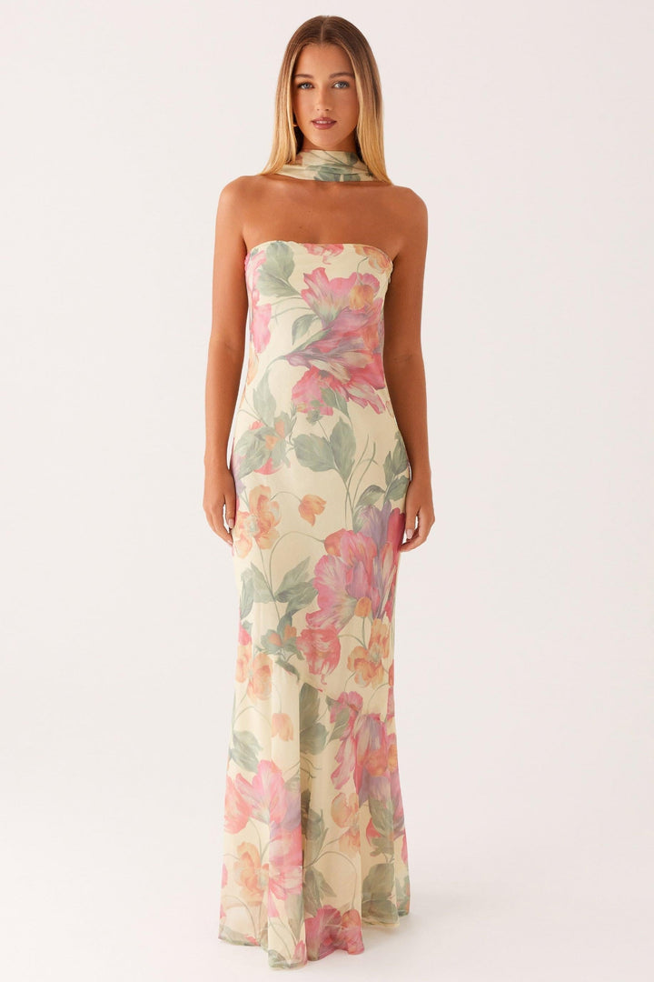 Antonia™ | Long Strapless Chiffon Dress With Floral Print