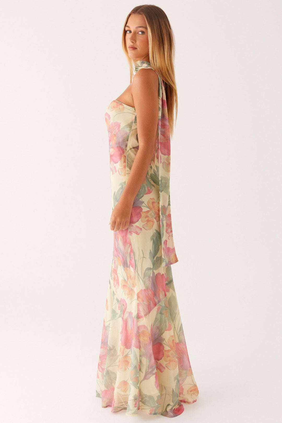 Antonia™ | Long Strapless Chiffon Dress With Floral Print