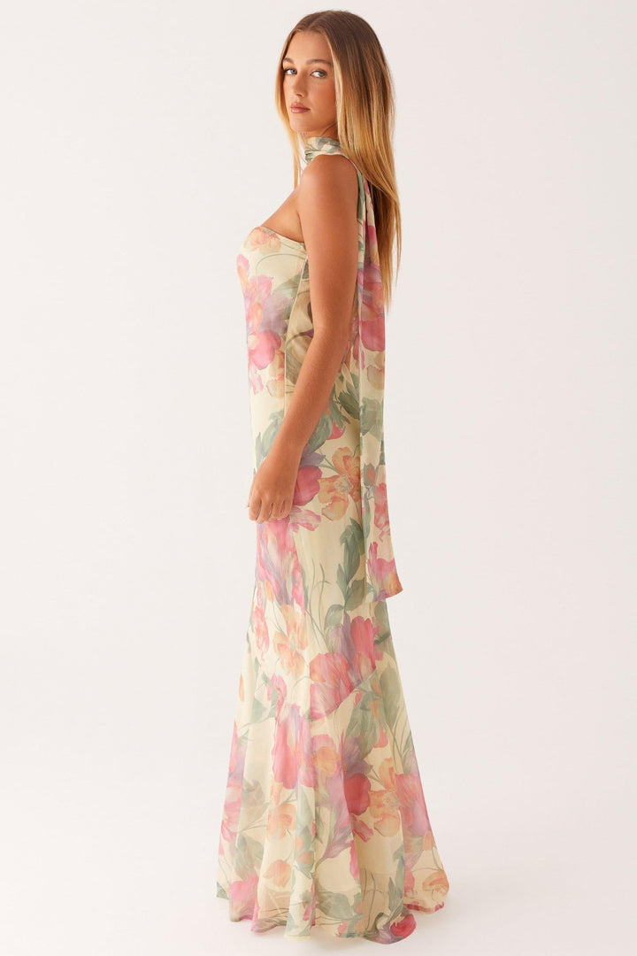 Antonia™ | Long Strapless Chiffon Dress With Floral Print