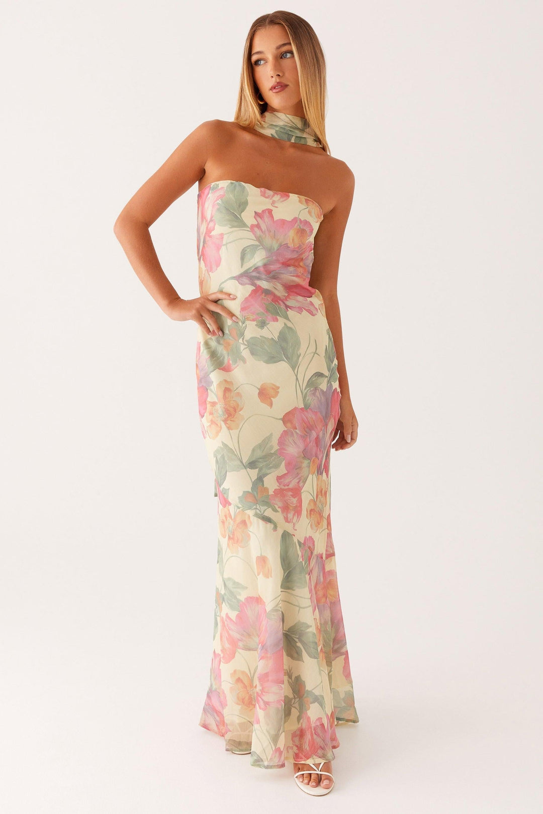 Antonia™ | Long Strapless Chiffon Dress With Floral Print